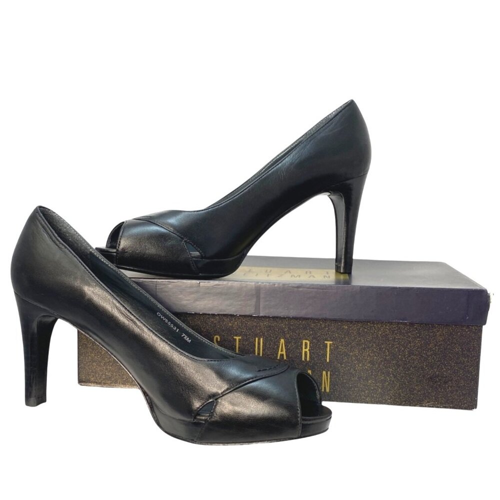 Stuart Weitzman Black Leather Peep Open Toe High Heel Luxury Pumps Size 7.5M - Picture 1 of 13